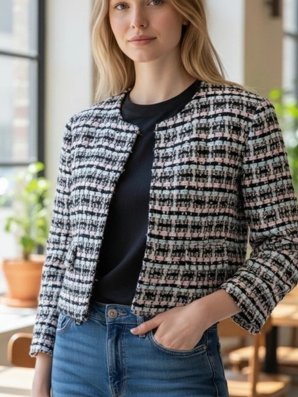 Ann Taylor Women's Textured Jacket Blue Black & Pink